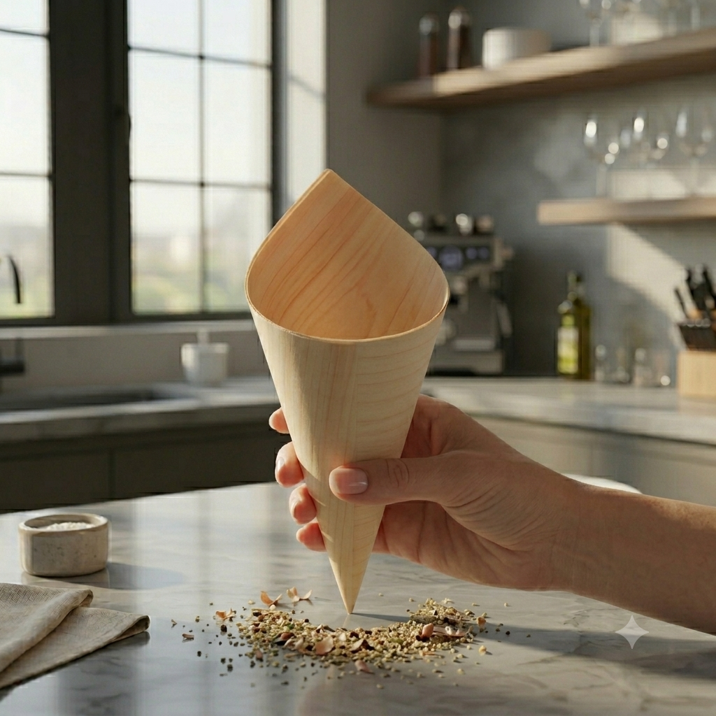 Cono de madera para gastronomía 6 Pzas. Bandeja cónica, alimentos para llevar, catering