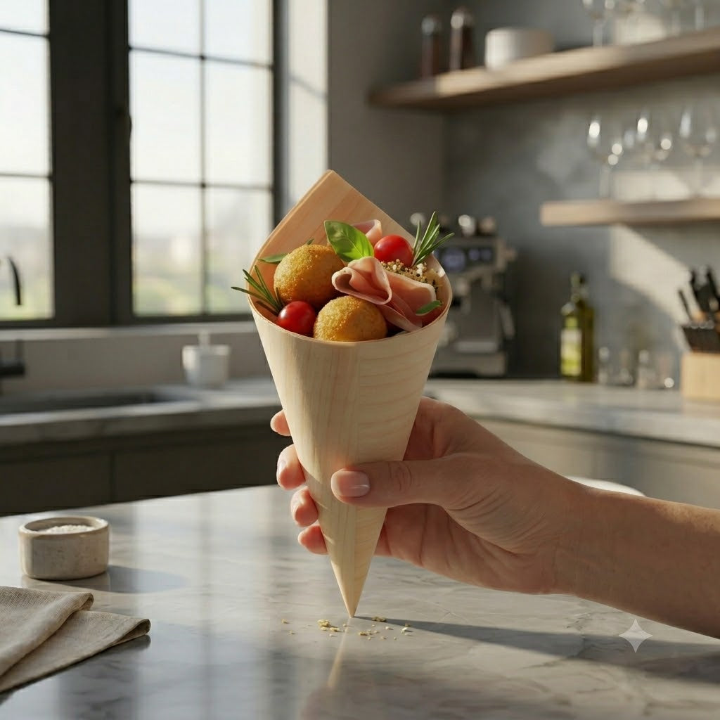 Cono de madera para gastronomía 6 Pzas. Bandeja cónica, alimentos para llevar, catering